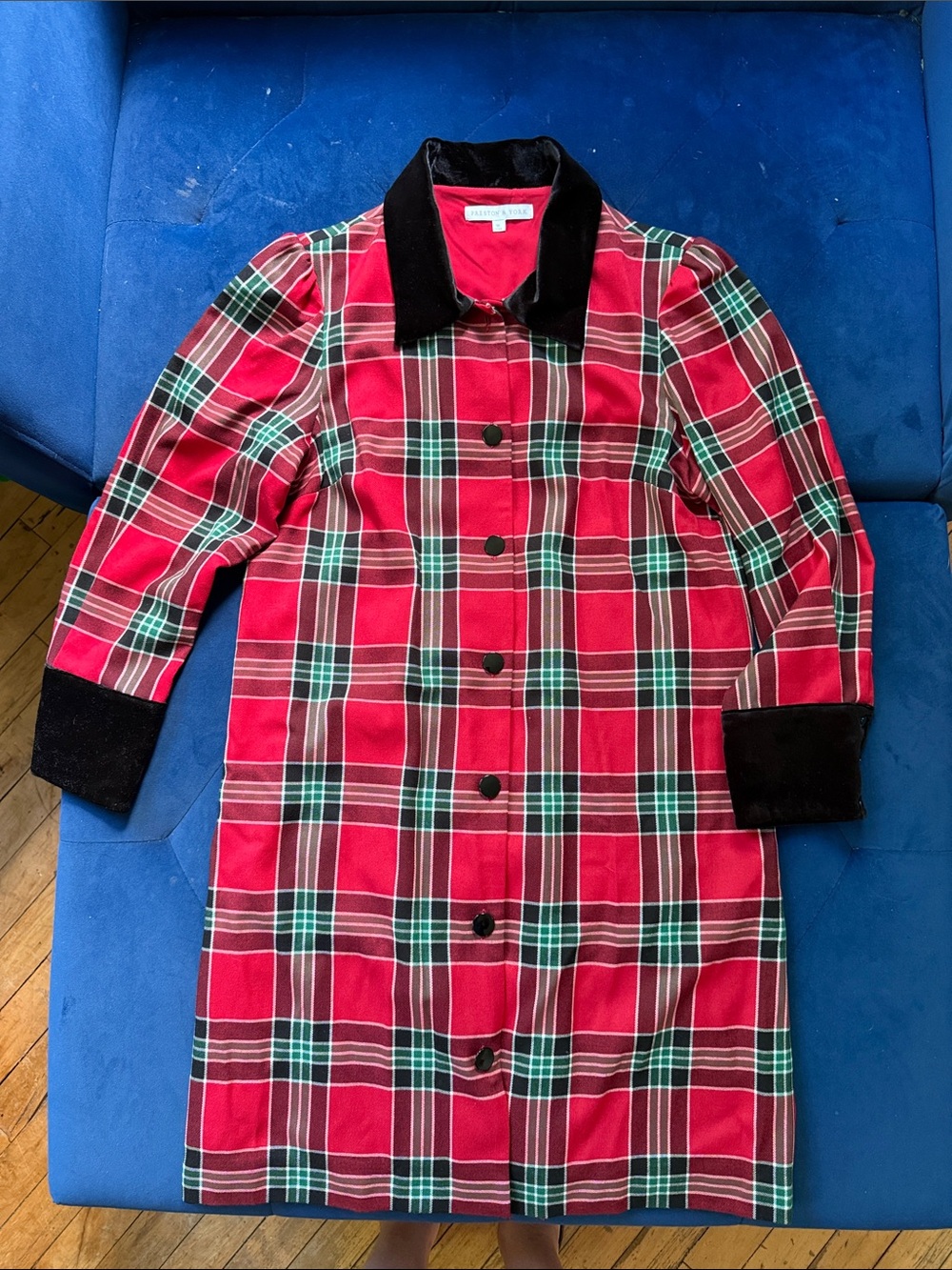 Women's Red Plaid Dress with Black Velvet Trim
